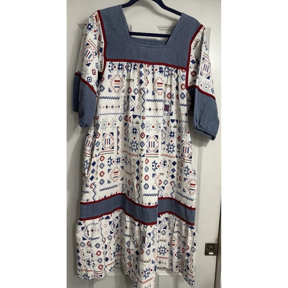 Krist Gudnason Dress Vtg 70s Size Large? Denim Southwest Aztec Muumuu Kaftan